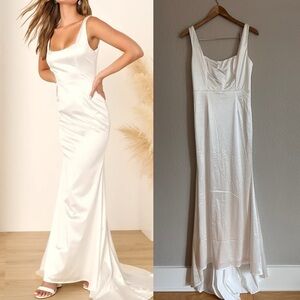 Sensational Promise White Satin Square Neck Mermaid Maxi Dress